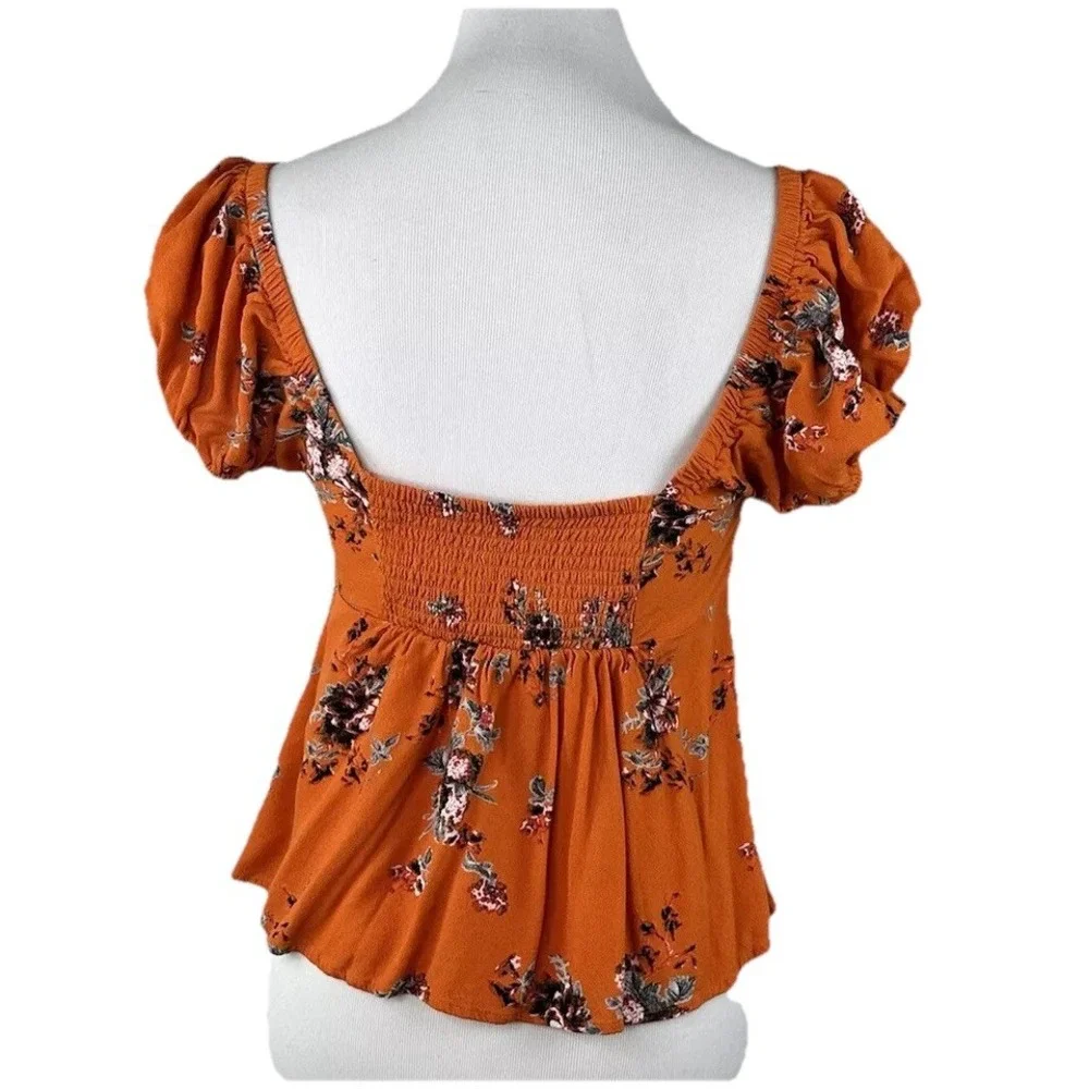 Free‎ People Medium Orange Floral Close To You Smocked Button Rayon SS Crop Top